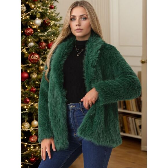 Pockets Lapel Shaggy Warm Winter Overcoat Fluffy Jackets Dark Green - Picture 2 of 5